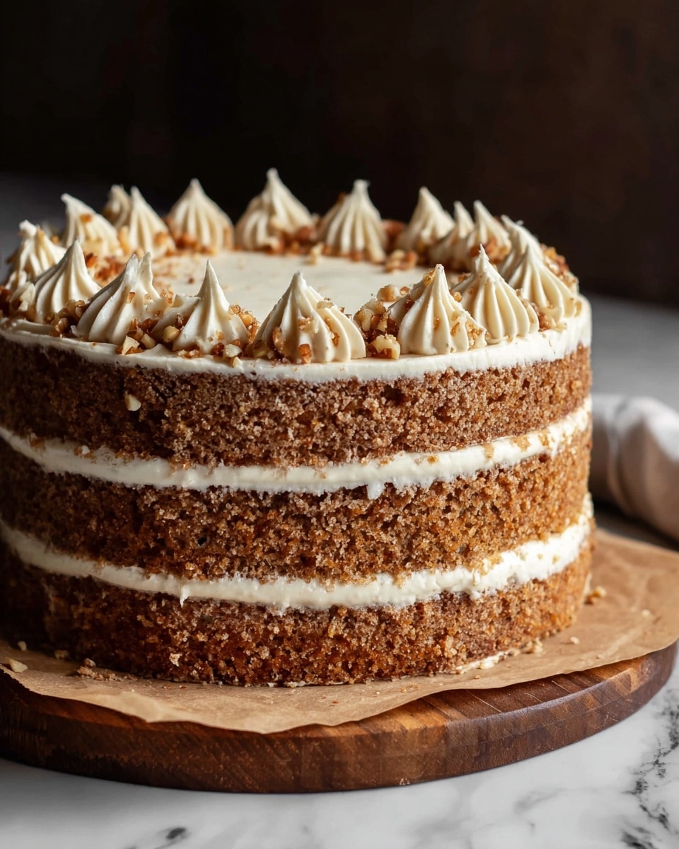 A three-layer cake with light brown, slightly crumbly sponge layers separated by thin white cream layers; the top layer is fully covered with a smooth white cream frosting decorated with small, pointed cream swirls and sprinkled with chopped nuts. The cake sits on a wooden board with a brown parchment base, placed on a white marbled surface. The background is dark and out of focus. Photo taken with an iphone --ar 4:5 --v 7
