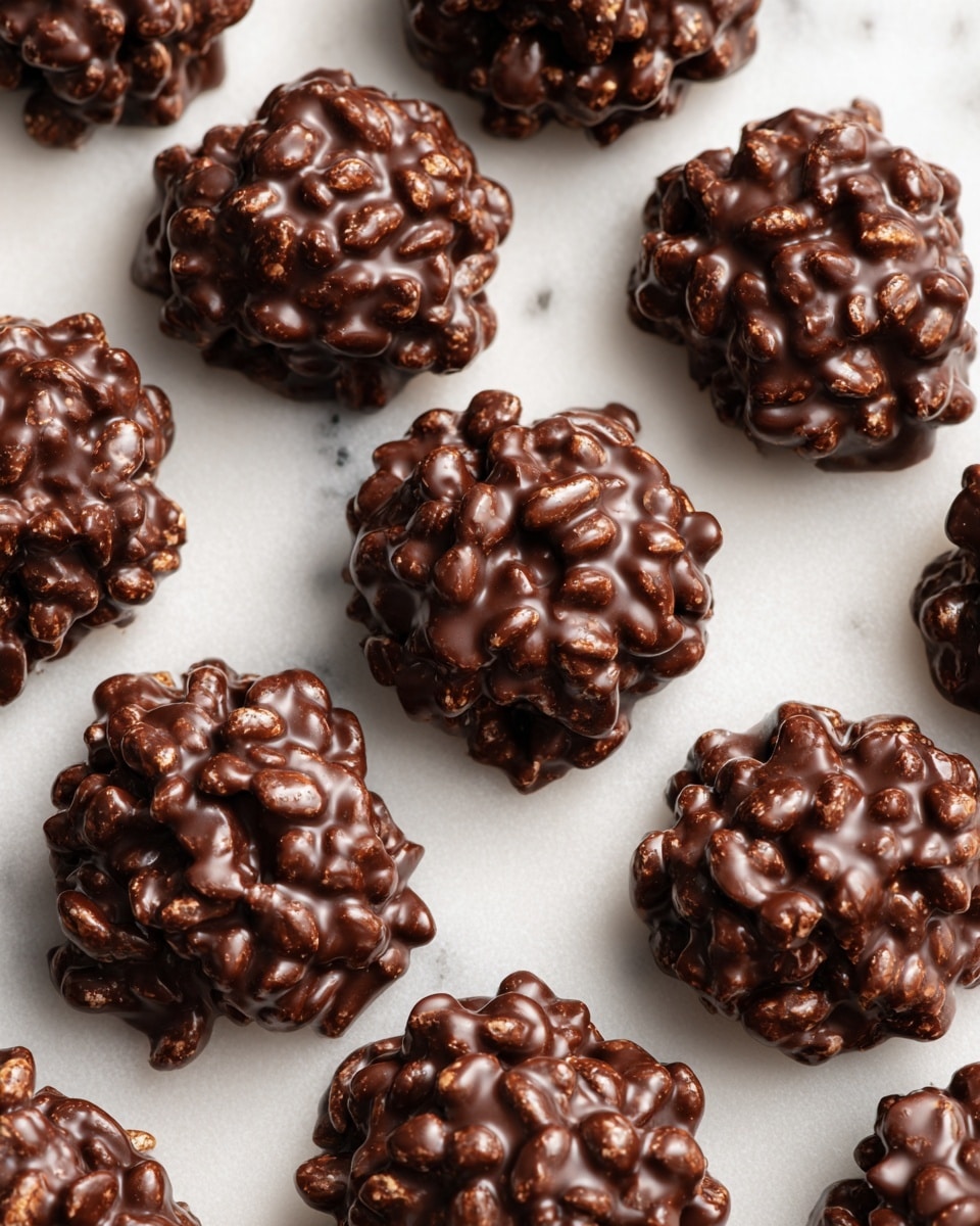 The image shows many small, round clusters made from puffed rice and covered in smooth, glossy dark chocolate. Each cluster is uneven in shape, with the bumpy texture of puffed rice visible through the chocolate coating. The clusters sit directly on a white marbled surface, with some chocolate slightly melted and spreading out underneath. The dark brown chocolate is shiny and contrasts with the light spots of puffed rice inside each cluster. photo taken with an iphone --ar 4:5 --v 7