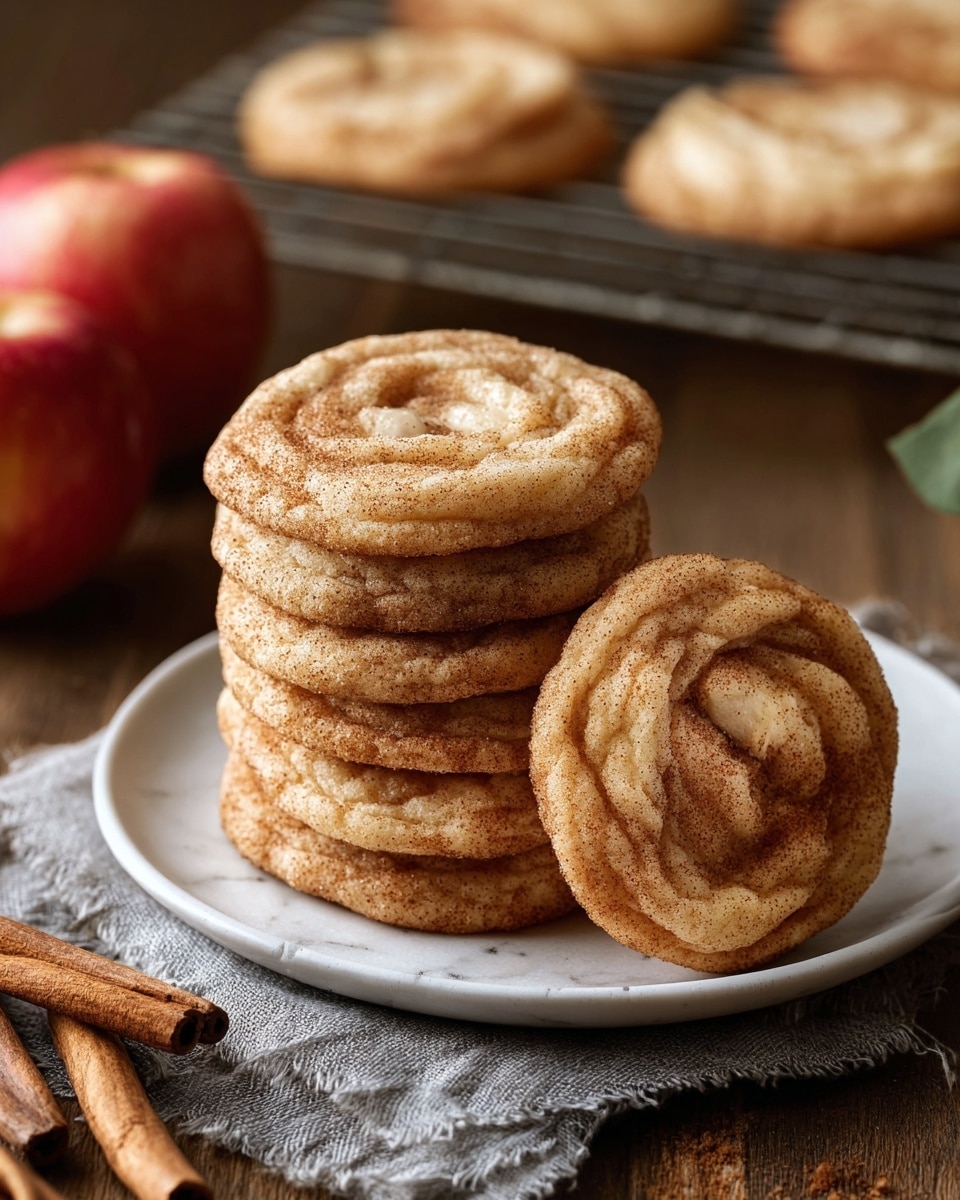 A stack of six round cinnamon sugar cookies with a light brown color and a slightly rough texture rests on a white plate, with one cookie leaning against the stack showing swirls of cinnamon and sugar and a few visible soft white chunks of apple. The cookies have a soft, chewy look with a slightly crisp edge. Nearby on the wooden table are two cinnamon sticks and a gray cloth beneath the plate. In the blurred background are more cookies cooling on a rack and two red apples, all on a white marbled surface. Photo taken with an iphone --ar 4:5 --v 7