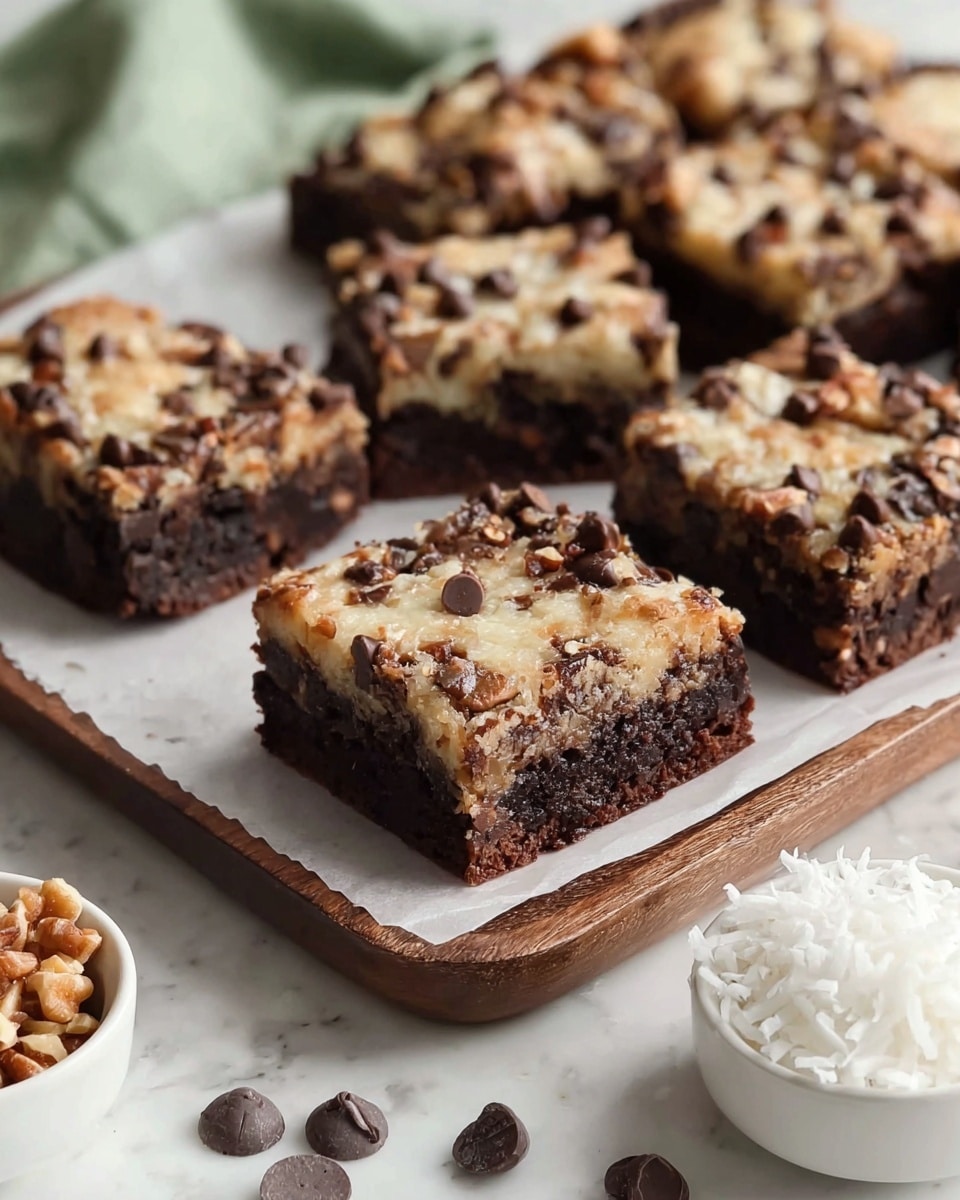 The image shows brownies cut into squares with two visible layers: a dark brown bottom layer that looks dense and chocolatey, and a lighter top layer that appears creamy with small chocolate chips scattered throughout, giving it a textured look. The brownies are set on white parchment paper on a wooden tray, with a few chocolate chips and chopped nuts scattered on the white marbled surface around it. There is a white bowl partially visible on the bottom right side filled with white shredded coconut and another small white bowl on the left containing chopped nuts. The focus is on the front brownies, showing the rich textures and layers clearly. Photo taken with an iphone --ar 4:5 --v 7