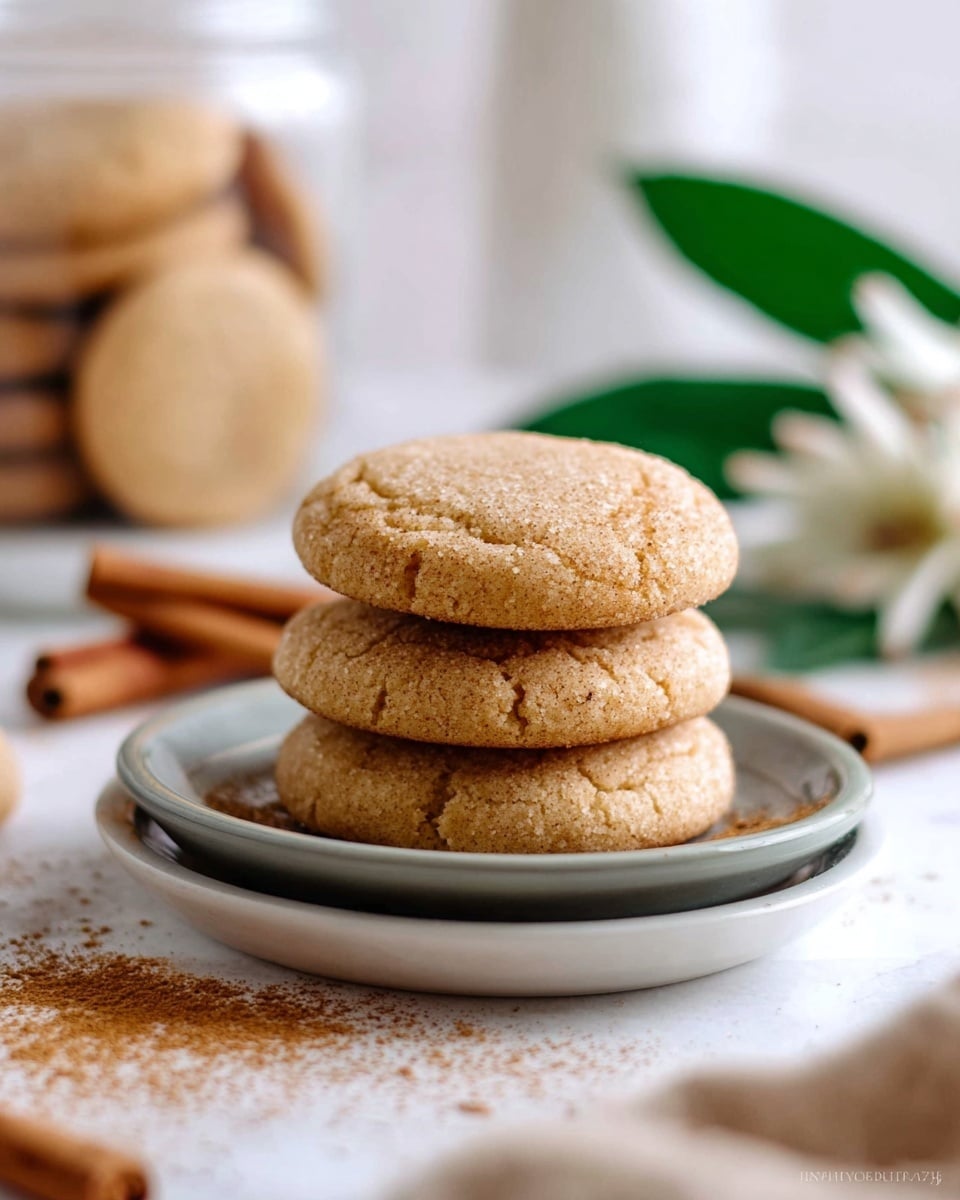 Three soft, round, light brown cookies with a slightly cracked surface sit stacked on two gray plates, which are placed on a larger white plate, all on a white marbled texture surface lightly sprinkled with brown powder. In the blurry background, more cookies are stacked inside a glass container and scattered loosely, with a green leaf, white flower, and cinnamon sticks adding subtle decoration. A beige cloth is partially visible at the foreground's bottom right corner. Photo taken with an iphone --ar 4:5 --v 7