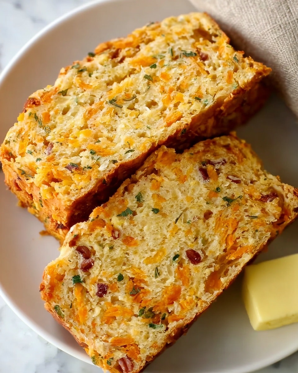 Two thick slices of bread with a coarse texture sit on a white plate. The bread has a golden brown crust with an uneven, rough surface. Inside, the crumb shows a mix of light yellow and orange colors with small bits of green herbs and reddish brown nuts spread evenly throughout. The bread looks dense but soft, with visible layers of shredded cheddar cheese. A small pat of yellow butter is placed near the bread on the plate. The background is a white marbled texture. Photo taken with an iphone --ar 4:5 --v 7