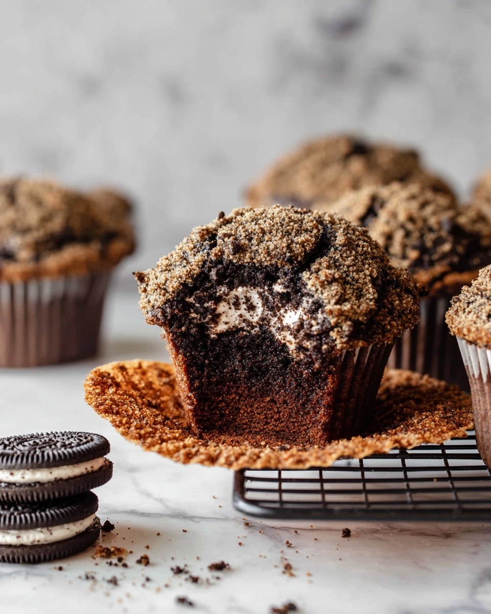 The image shows a close-up of a chocolate muffin with a textured top covered in crumbly bits of crushed cookies. The muffin has one visible layer of dark, rich chocolate cake in a dark brown paper liner, sitting on a white marbled surface. The muffin liner is peeled back, revealing a crispy, thin, cookie-like crust spreading out from the base. In the foreground are two chocolate sandwich cookies with cream filling, one standing on its side and the other flat. More muffins with the same crumble topping are blurred in the background on a black cooling rack placed on the white marbled surface. Photo taken with an iphone --ar 4:5 --v 7