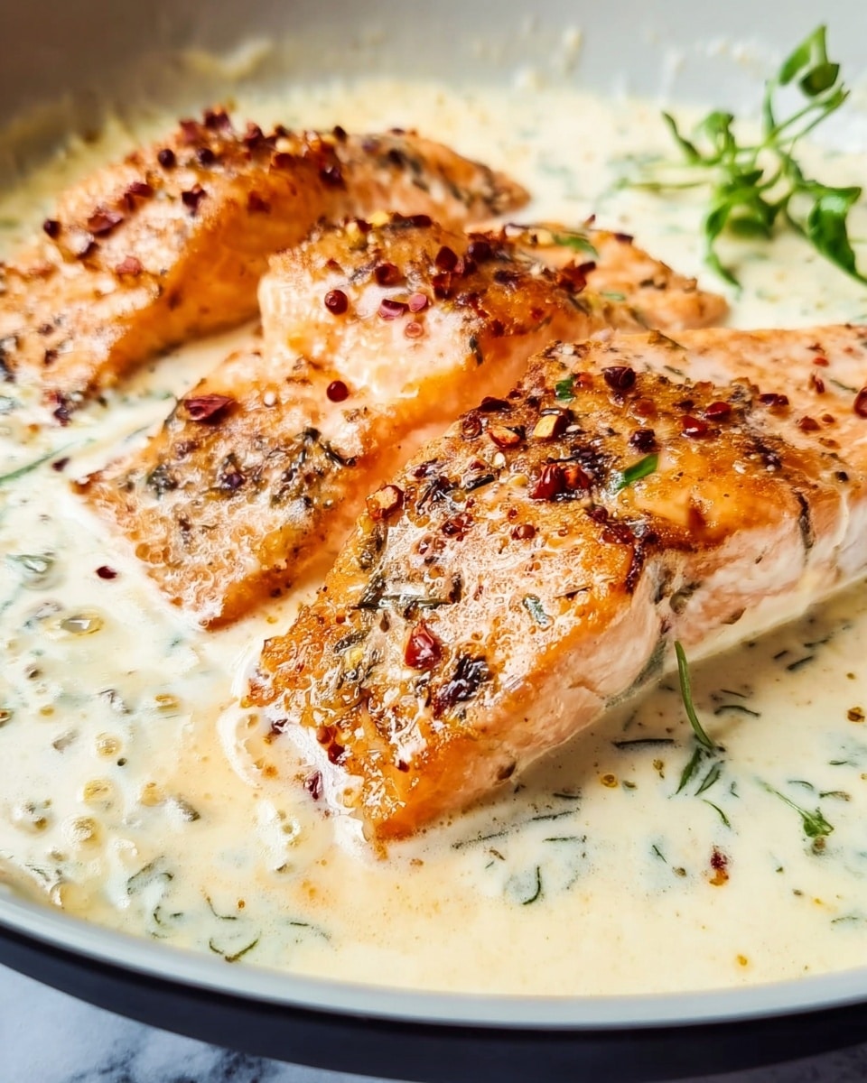 The image shows three grilled salmon pieces placed in a white pan, each salmon piece having a golden brown, slightly charred top layer seasoned with black pepper and red chili flakes. The salmon rests on a thick creamy white sauce that pools around them, with hints of green herbs mixed into the sauce. The texture of the salmon looks moist and flaky, contrasting with the smooth creaminess of the sauce. There is a small green herb garnish on the top right edge of the pan. The background is a white marbled surface. photo taken with an iphone --ar 4:5 --v 7
