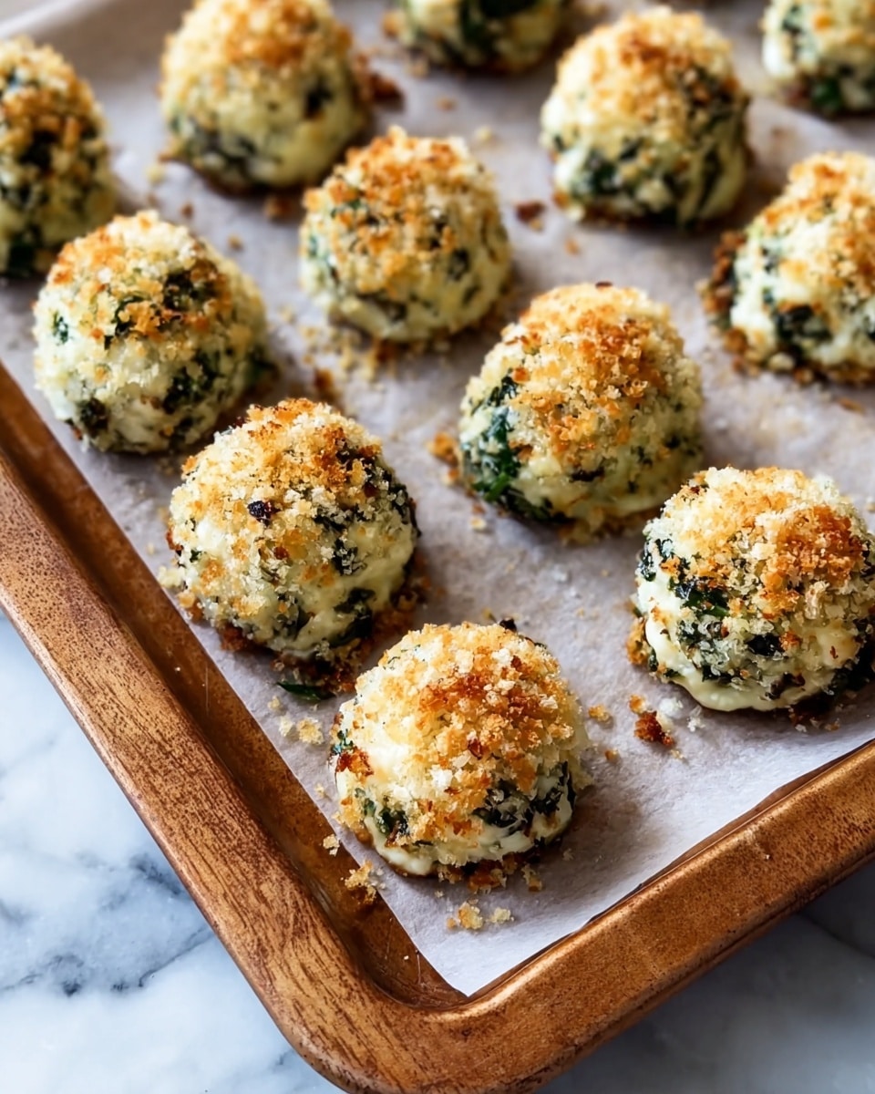 The image shows a baking tray filled with small, round baked balls evenly arranged. Each ball has two visible layers: a creamy white outer layer mixed with green leafy bits, giving a marbled effect, and a topping of golden-brown, crispy crumbs covering the top. The balls sit on a parchment paper lining within the tray, and the tray is placed on a wooden surface with a white marbled background softly visible. The lighting highlights the texture of the crumb topping and the softness of the inside. photo taken with an iphone --ar 4:5 --v 7
