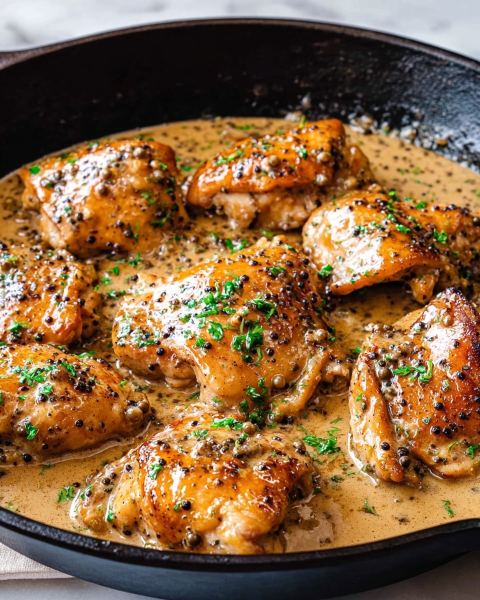 A close-up view of a black skillet filled with several cooked chicken pieces covered in thick creamy sauce. The chicken pieces are golden brown with black pepper specks and small green herb bits on top. The sauce is light beige with visible peppercorns and herbs, creating a smooth and rich texture around the chicken. The skillet rests on a white marbled surface. photo taken with an iphone --ar 4:5 --v 7