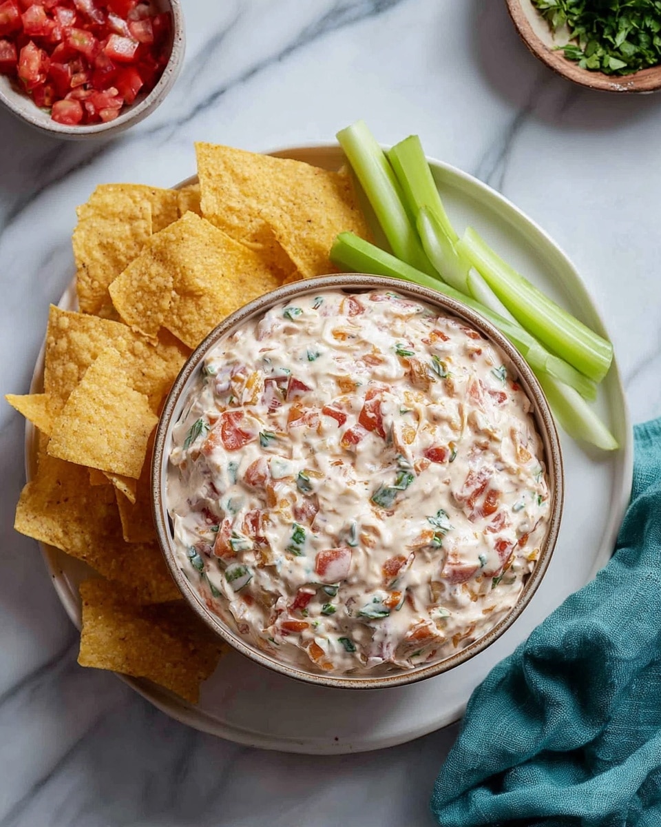 A bowl filled with creamy dip showing a mix of white base with visible pieces of red tomato and green herbs scattered throughout. The bowl is placed on a white plate, surrounded on one side by light yellow tortilla chips with a crispy texture. Three light green celery sticks rest next to the bowl. In the background on the white marbled surface, there is a small dish with chopped red tomatoes and another dish with chopped green herbs. A teal cloth napkin is slightly wrinkled and placed nearby. photo taken with an iphone --ar 4:5 --v 7