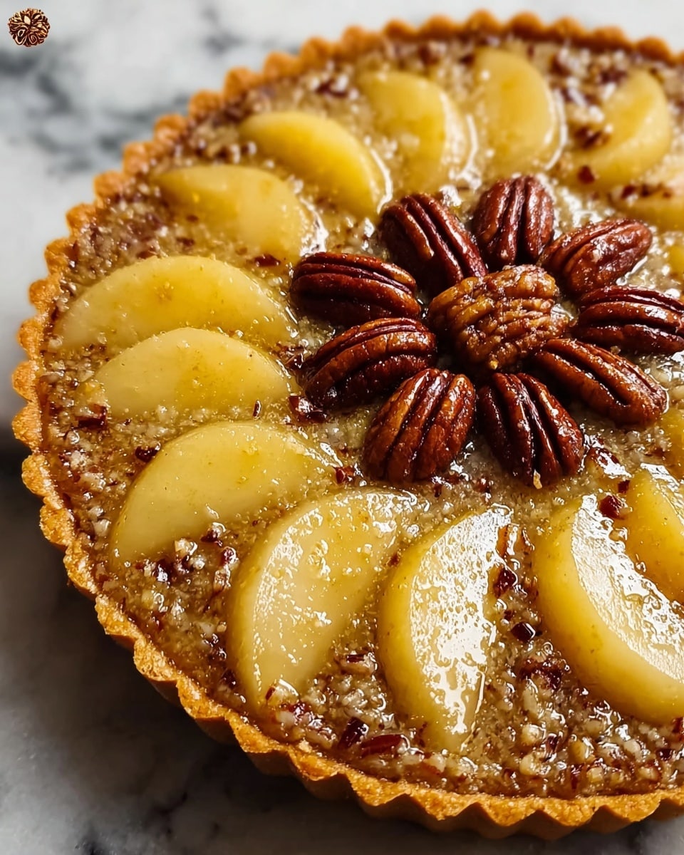 A close-up of a tart with a golden-brown crust that forms a scalloped edge; inside, there is a nutty filling with small bits that look crunchy and caramelized, topped with a ring of pecan halves arranged in a flower shape at the center. Around the pecan flower, there are evenly spaced slices of light yellow fruit with a slightly translucent, juicy texture, all sitting in a glossy syrupy layer that makes the tart shine. The background surface is a white marbled texture. photo taken with an iphone --ar 4:5 --v 7