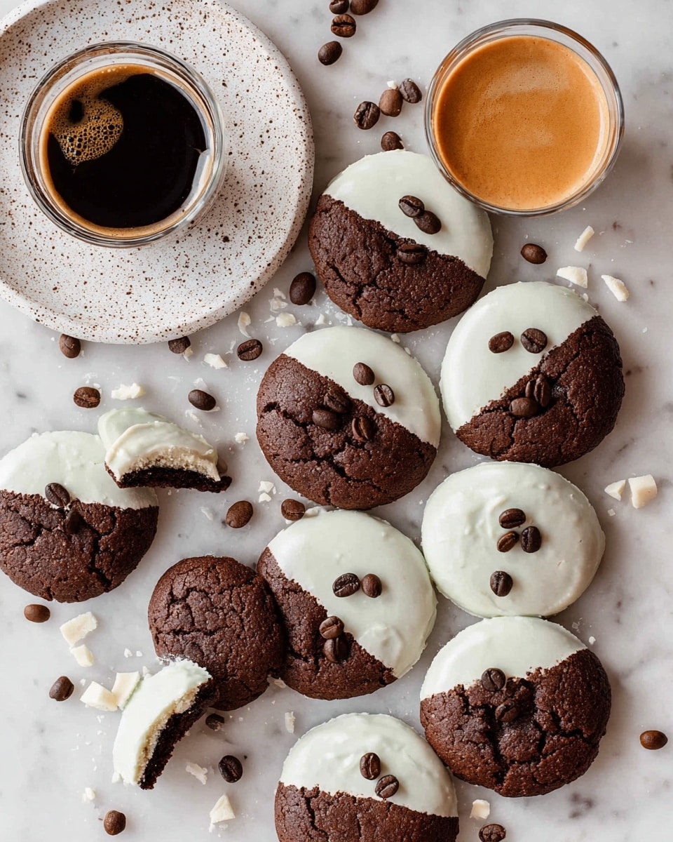 This image shows a group of round cookies with a cracked dark brown chocolate base, each dipped halfway into a smooth white coating on the top half, creating a clear division of dark and white colors. On each cookie's white side, three dark coffee beans are neatly placed as decoration. Some cookies are whole, while a couple are broken or stacked to reveal their soft inner texture. The cookies are scattered over a white marbled surface with white chocolate flakes and more coffee beans spread around. On the left side, there is a white speckled plate holding a small clear glass cup filled with dark espresso, surrounded by coffee beans. On the right side, a white cup filled with light brown coffee is topped with three coffee beans. photo taken with an iphone --ar 4:5 --v 7