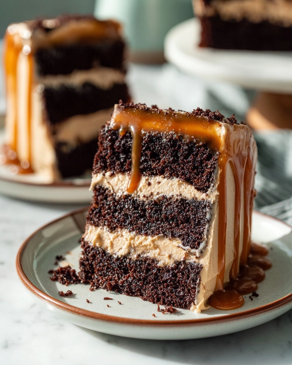A slice of three-layer dark chocolate cake with thick, creamy light brown frosting between each layer and spread on top, dripping with glossy caramel sauce along the side, sits on a white plate with a brown rim. The cake layers look moist and dense with a rich texture. In the background, two more cake slices on white plates are slightly blurred on a white marbled surface. The photo is brightly lit with natural light highlighting the cake’s details and colors. Photo taken with an iphone --ar 4:5 --v 7