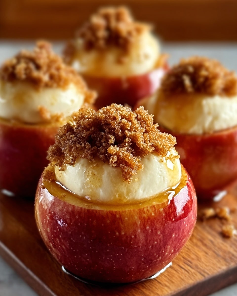 Four round apples with the tops cut off and the insides hollowed out sit on a wooden board. Each apple shows a red and yellow skin layer and is filled with a thick white creamy layer, topped with a crumbly brown sugar and spice mix. The crumb topping is uneven and piled high, contrasting with the smooth cream below. The wood surface is visible under the apples, adding a rustic feel. photo taken with an iphone --ar 4:5 --v 7