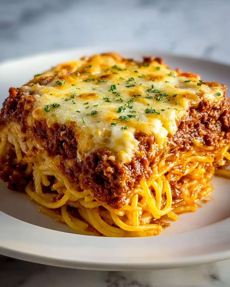 A square piece of baked spaghetti sits on a white plate, showing three visible layers; the bottom layer is tangled yellow spaghetti noodles, the middle layer is rich, dark brown meat sauce with a thick texture, and the top layer is melted, bubbling cheese that is light yellow with golden brown spots and specks of green herbs sprinkled on top, all against a white marbled background. photo taken with an iphone --ar 4:5 --v 7