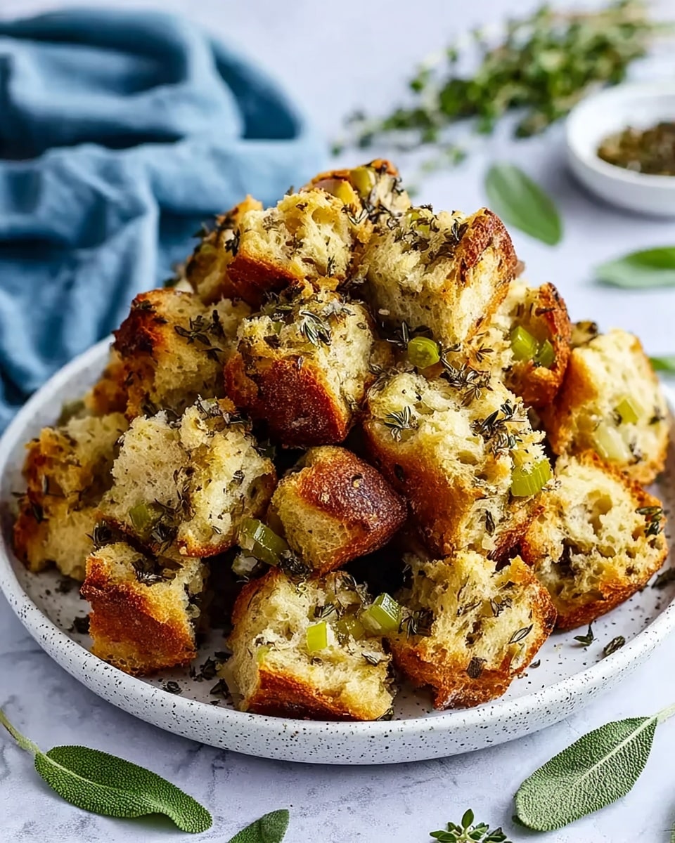 A white speckled plate is filled with a pile of golden brown baked bread cubes that look crunchy on the outside and soft inside. The bread pieces are mixed with bits of green celery and herbs scattered within and on top, giving a textured look with small green and slightly toasted brown patches. Some fresh green herb sprigs and leaves are laid around the plate on a white marbled surface. A soft blue cloth is blurred in the background. photo taken with an iphone --ar 4:5 --v 7