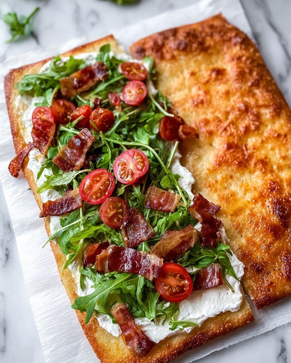 A rectangular flatbread is topped on one side with a smooth white creamy spread, with a fresh layer of green leafy arugula on top, followed by halved bright red cherry tomatoes, and crispy reddish-brown bacon strips arranged neatly. The other half shows the golden-brown, bubbly texture of the baked flatbread, resting on white parchment paper over a white marbled surface. photo taken with an iphone --ar 4:5 --v 7