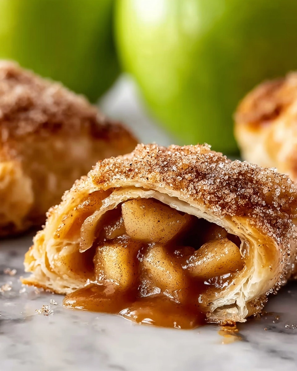 A close-up view of a baked pastry partially cut open to show its inside, with a crispy, golden-brown crust covered in coarse sugar crystals mixed with cinnamon, creating a sparkly texture on top. Inside, the filling consists of soft, cooked apple chunks coated in a glossy, thick caramel-colored sauce, spilling slightly onto the surface below. The pastry has multiple flaky layers visible at the edges, with a light and airy texture. The background shows a blurred green apple and another pastry, all set on a white marbled surface. photo taken with an iphone --ar 4:5 --v 7