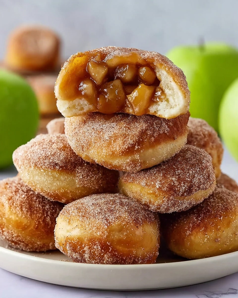 A white plate is stacked with several round, golden-brown pastries covered in a fine layer of cinnamon sugar that gives them a textured, slightly rough surface. On top of the pile, one pastry is broken open, revealing a soft, fluffy dough exterior with a warm, glossy filling made of small chunks of cooked apple coated in caramel-colored cinnamon sauce. The background features a blurred green apple and more pastries, all set on a white marbled texture. photo taken with an iphone --ar 4:5 --v 7