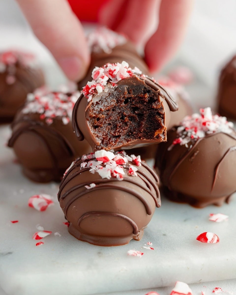 The image shows several round chocolate balls with a smooth milk chocolate coating. Each ball is topped with crushed red and white peppermint pieces, adding a festive touch. One chocolate ball is held by a woman's hand and has a bite taken from it, revealing a dense, dark brown inside with bits of peppermint. The chocolate coating has a few thin drizzle lines of milk chocolate on top, and some small peppermint crumbs are scattered around the balls on a white marbled surface. photo taken with an iphone --ar 4:5 --v 7