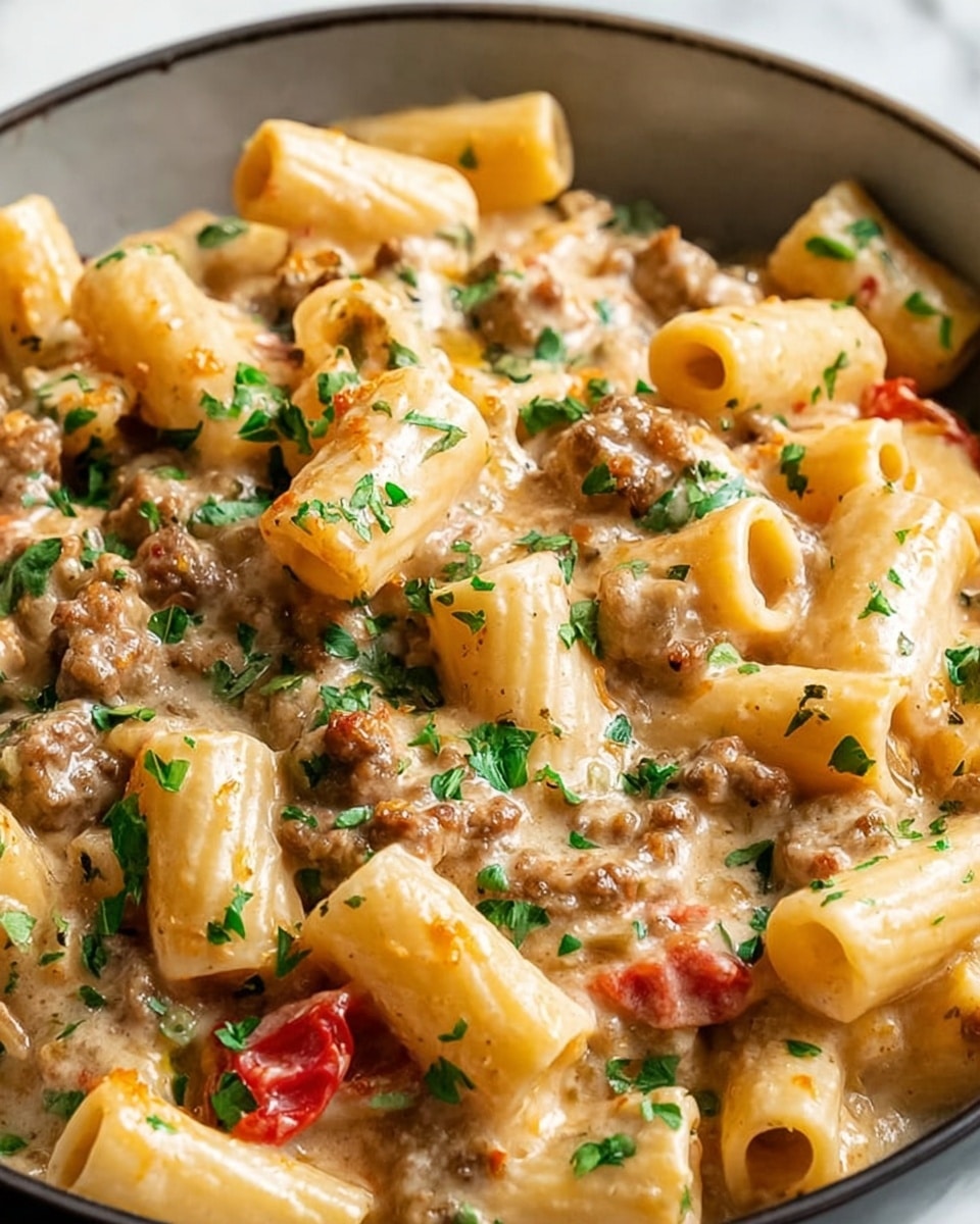 The dish shows short tube-shaped pasta pieces in a creamy sauce with small browned meat bits mixed throughout. Bright green chopped herbs are scattered on top, adding color contrast, while small pieces of red tomato are also visible, giving a fresh look. The pasta has a slightly shiny surface, coated well in the light beige sauce that looks smooth and rich. The image captures a close-up view that fills the frame, set against a white marbled texture background. photo taken with an iphone --ar 4:5 --v 7