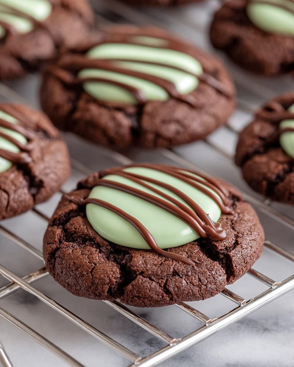 The image shows a close-up view of dark chocolate cookies with a cracked, rough texture. Each cookie has three main layers: the base is the dark brown, thick, and chunky cookie with visible cracks; on top of the center is a smooth, pale green circular mint chocolate layer; and above that are three thin, wavy lines of milk chocolate drizzled diagonally across the mint layer. The cookies are placed on a metal cooling rack which is set against a white marbled background. Photo taken with an iphone --ar 4:5 --v 7