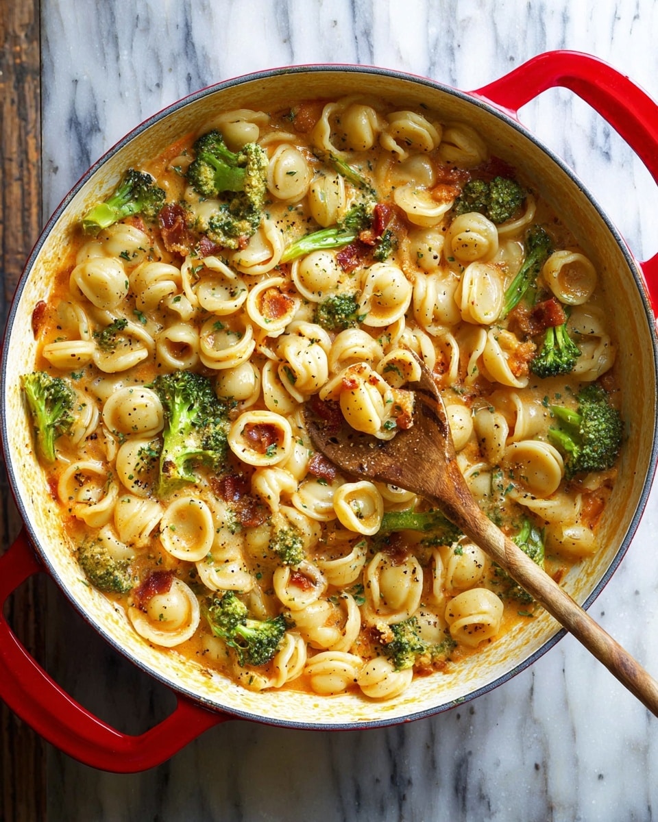 A round white pan with red handles holds a creamy orange pasta dish with a rich sauce. The pasta is small, ring-shaped, and light yellow, mixed evenly with bright green broccoli florets and small pieces of browned bacon. A wooden spoon rests inside the pan, lifting some pasta and sauce near the center. The pasta and broccoli are coated in a smooth sauce, speckled with black pepper and herbs, giving the dish a textured look. The pan sits on a white marbled surface. photo taken with an iphone --ar 4:5 --v 7