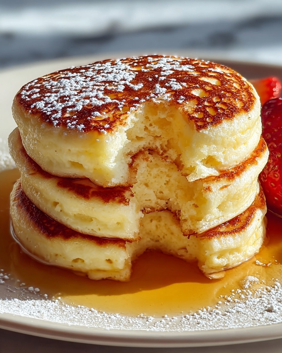 A stack of three thick, fluffy pancakes sits on a white plate with a white marbled texture underneath. Each pancake has a golden-brown, slightly crispy top layer with small air holes and a soft, light yellow interior. The top pancake has a bite taken out of it, showing its airy texture inside. Light powdered sugar is sprinkled over the top pancake, and golden syrup pools gently around the base of the stack, glistening in the light. There is a hint of red fruit on the side, adding a pop of color to the scene. Photo taken with an iphone --ar 4:5 --v 7