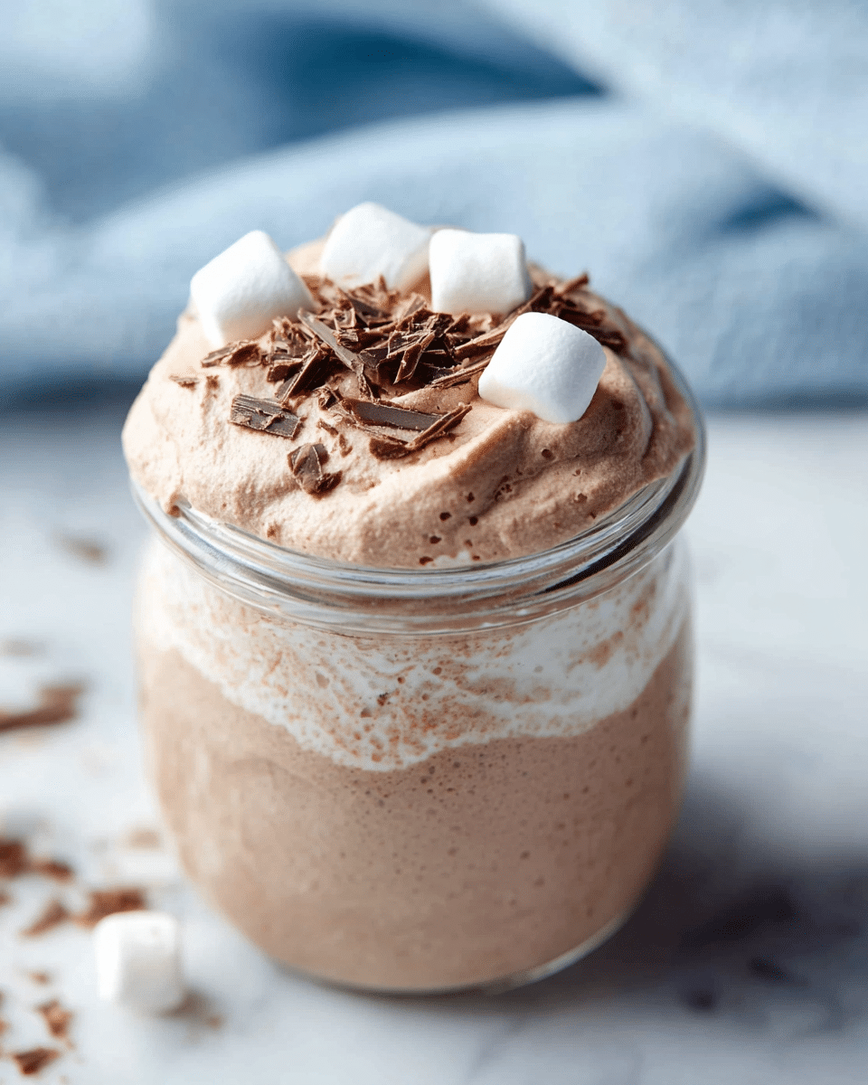 The image shows a close-up of a dessert in a clear glass jar. The dessert has one main layer of creamy light brown mousse with a smooth, whipped texture. On top, there are three small white marshmallows and several thin, dark brown chocolate shavings scattered around. The jar sits on a white marbled surface, with soft focused light blue and white cloth in the background, giving a fresh, clean look. Photo taken with an iphone --ar 4:5 --v 7