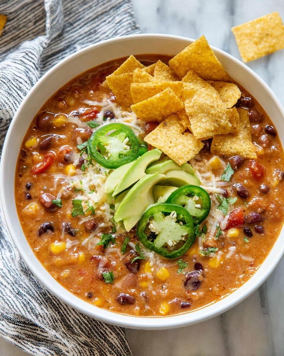 A white bowl filled with hearty chili showing a rich, reddish-orange base mixed with black beans, corn, and bits of red pepper. On top, there are several thin slices of green jalapeño peppers, light green avocado wedges, shredded white cheese, and small pieces of crushed yellow tortilla chips, some resting upright on the side. The chili surface has a creamy texture with visible herbs and small vegetable pieces. The bowl is placed on a white marbled surface with a striped cloth napkin nearby. Photo taken with an iphone --ar 4:5 --v 7
