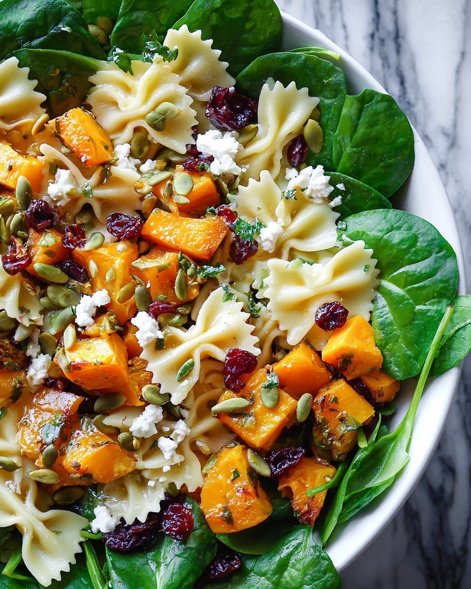 A close-up view of a white bowl filled with a fresh, colorful salad that has three main layers. The bottom layer is bright green baby spinach leaves spread evenly. On top of that are golden orange cubes of roasted butternut squash scattered across the spinach. The top layer consists of pale yellow cooked bow-tie pasta pieces placed among the squash and spinach. The salad is sprinkled with small green pumpkin seeds and dark red dried cranberries, with bits of white crumbled cheese spread throughout. The mix looks slightly shiny, as if lightly dressed, and some small green herbs are sprinkled on top. The background is a white marbled surface. photo taken with an iphone --ar 4:5 --v 7