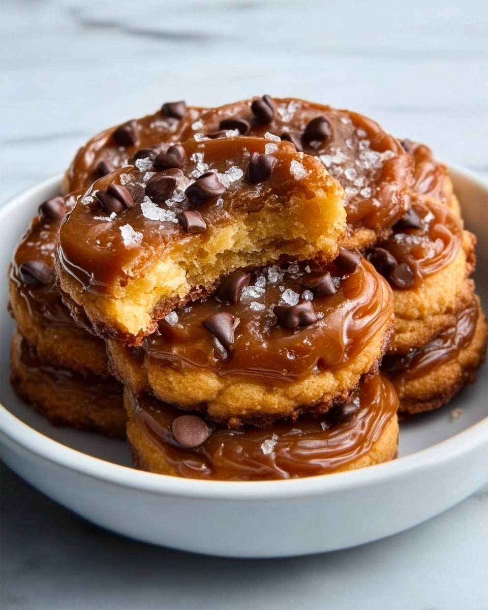A white bowl is filled with many small round cookies stacked high, each cookie is covered with a shiny amber caramel layer that glistens in the light; on top of the caramel, coarse grains of sea salt are sprinkled, adding texture and contrast. The cookies have a golden-brown edge with a slightly rough texture that looks crisp. The bowl sits on a white marbled surface with a soft blurred background, emphasizing the cookies' glossy caramel coating and layered arrangement. Photo taken with an iphone --ar 4:5 --v 7