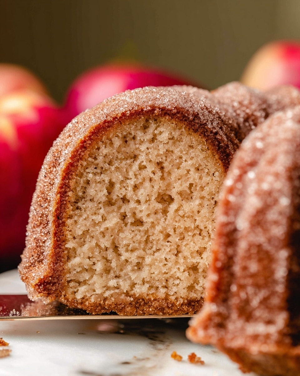 A close-up of a single sliced bundt cake showing one layer with a light brown, soft, and moist inside texture. The outer edge is darker brown with a coarse sugar coating giving a sparkly look. The cake slice rests on a metal spatula with a few crumbs around it. In the background, there are blurred red apples on a white marbled surface. Photo taken with an iphone --ar 4:5 --v 7