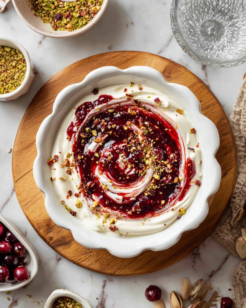 A white scalloped bowl holds a creamy white yogurt base spread evenly in the bottom layer, topped with a spiral of deep red jam swirled through the yogurt, creating a marbled pattern. Small specks of crushed pistachios and red chili flakes are sprinkled across the top, adding green and reddish-brown texture. The bowl rests on a wooden board placed on a white marbled surface, surrounded by small white bowls containing crushed pistachios, jam, and seasoning, and whole cranberries scattered nearby. A glass of water with a textured design is visible in the top right corner. photo taken with an iphone --ar 4:5 --v 7