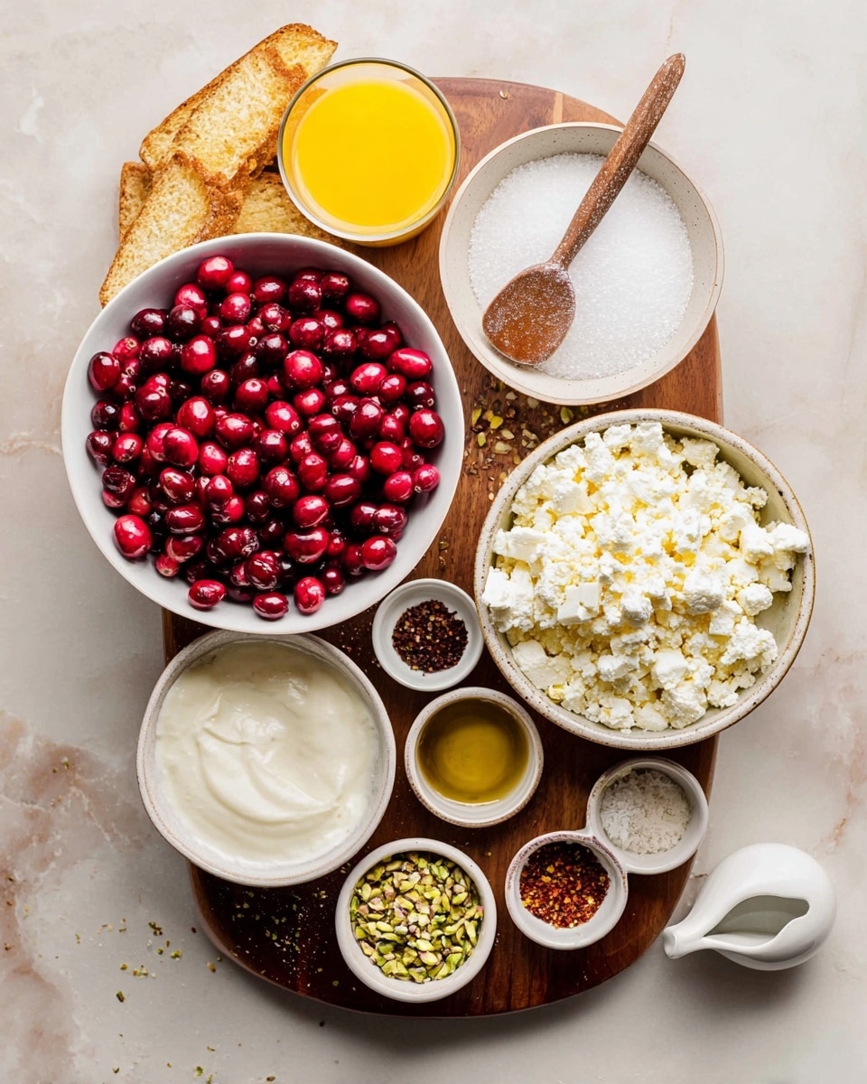 A wooden board holds various bowls and ingredients arranged neatly on a white marbled surface. At the center is a large white bowl filled with bright red, shiny cranberries. To the right, a white bowl is full of crumbly white cheese pieces. Below it is a white bowl with a smooth, creamy white spread. Next to it is a large white bowl filled with granulated white sugar, holding a small wooden spoon. At the top center, a glass of orange juice shows a bright yellow color. Surrounding these are smaller white bowls, one with crushed green pistachios, a tiny bowl with a dark brown liquid, a small white jug with olive oil, and another small bowl with reddish pepper flakes. Pieces of golden brown toasted bread are positioned around the board’s edges. photo taken with an iphone --ar 4:5 --v 7