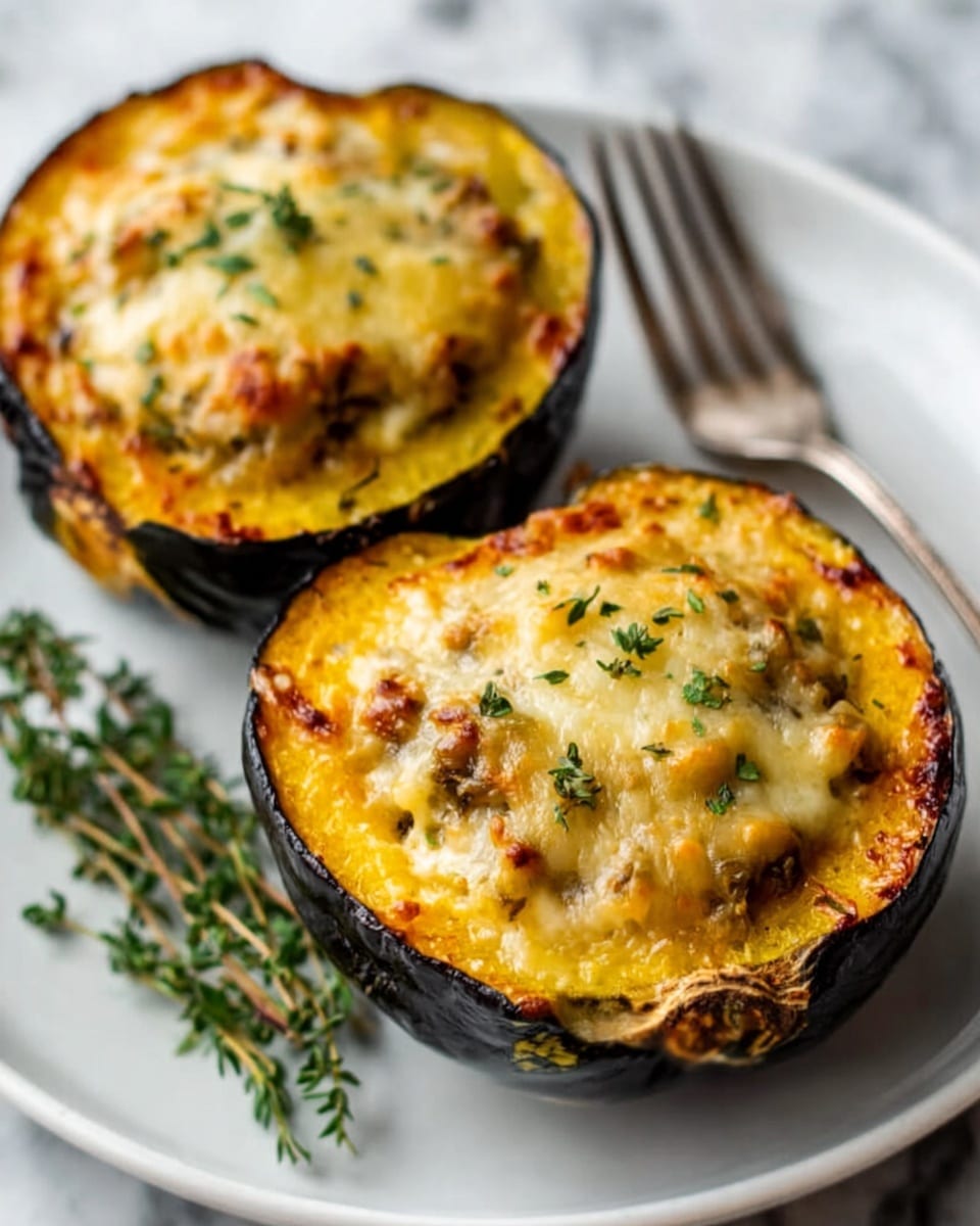 Two roasted acorn squash halves sit on a white plate, each filled with a thick, creamy layer of golden melted cheese that has a slightly browned, bubbly top. The bright yellow-orange color of the squash flesh contrasts with the dark, roasted brown edges of the skin. Fresh green herbs are sprinkled on the cheese, adding a touch of vibrant green. A sprig of fresh thyme lies next to the squash on the plate, and a silver fork rests beside the food. The scene is set on a white marbled texture surface. photo taken with an iphone --ar 4:5 --v 7