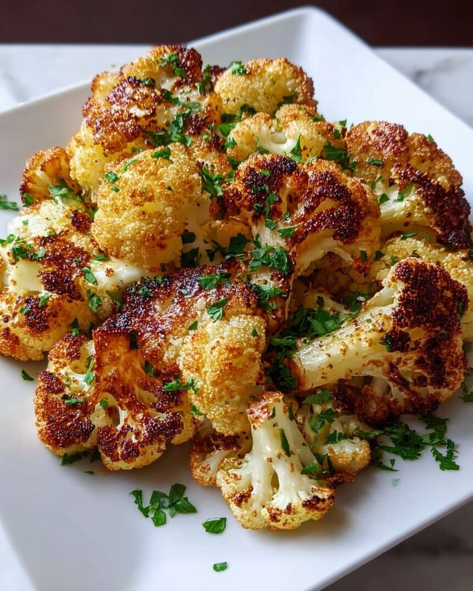 A white square plate holds a pile of roasted cauliflower florets, each with a golden-brown, crispy outer layer showing some dark, charred spots. The creamy white inner parts of the cauliflower peek through, contrasting with the rich, toasted edges. Bright green fresh chopped herbs are scattered on top and around the cauliflower, adding a fresh pop of color. The plate sits on a white marbled surface. photo taken with an iphone --ar 4:5 --v 7