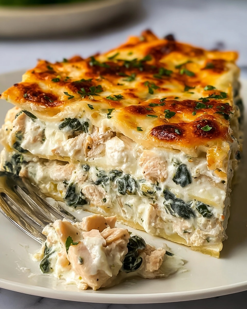 The image shows a close-up of a slice of white lasagna on a white plate with a white marbled texture background. The dish has four visible layers: the bottom layer is pale pasta, the second layer is creamy white ricotta cheese mixed with chunks of cooked chicken and dark green spinach leaves, the third layer is another pale pasta sheet, and the top layer is golden-brown melted cheese with small browned spots and sprinkled green herbs. The edges of the lasagna slice have a slightly crispy look, and part of the slice is lifted slightly with a fork showing the soft texture inside. Photo taken with an iphone --ar 4:5 --v 7
