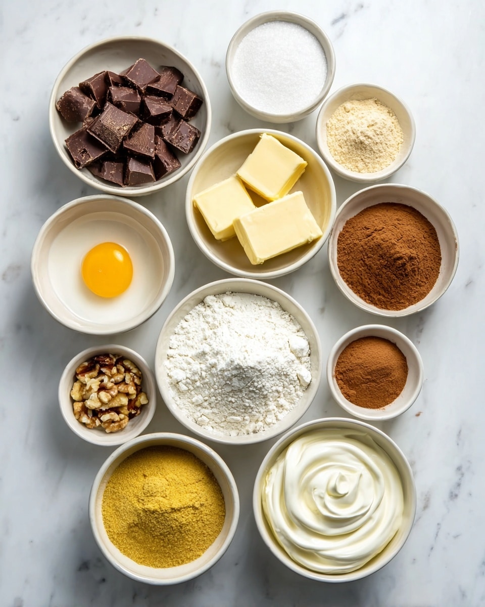 This image shows ten white bowls arranged on a white marbled surface, each holding a different baking ingredient. The top left bowl has dark brown chunks of chocolate, next to it on the right is a bowl with white granulated sugar, and beside that a smaller bowl with beige powder. Below them, a bowl in the middle holds four square pieces of yellow and light tan butter, and to its right is a bowl with brown cinnamon powder. Slightly lower, a larger bowl contains white flour with a small mound on top, and next to it is a bowl of thick white cream with smooth swirls. On the left side, a bowl holds a whole raw egg with a bright yellow yolk, and below it is a bowl filled with another type of white flour or powder. The bottom center bowl is filled with a yellow mustard-like paste, topped with a sprinkle of powder, and in front of it is a small bowl with chopped nuts. photo taken with an iphone --ar 4:5 --v 7