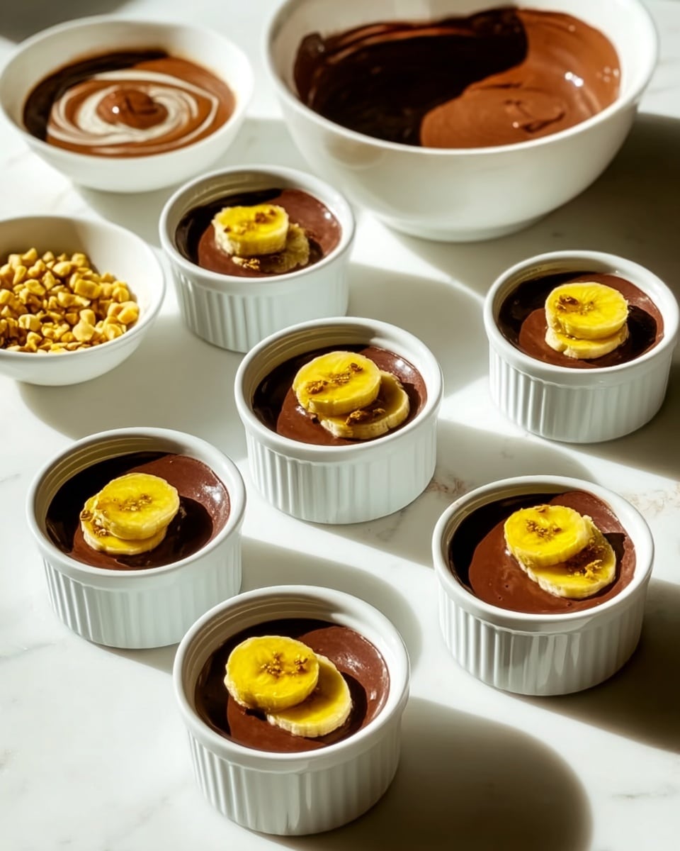 Seven white ramekins are arranged on a white marbled surface, each filled with a smooth, shiny dark brown chocolate base. On top of the chocolate in each ramekin is a single yellow caramelized banana slice, slightly browned around the edges. Behind the ramekins, there are two white bowls; one with glossy, dark melted chocolate with light brown nut butter swirled in, and the other filled with small, golden chopped nuts. The bright sunlight casts clear, soft-edged shadows of the ramekins and bowls on the surface, creating a warm and inviting scene. photo taken with an iphone --ar 4:5 --v 7
