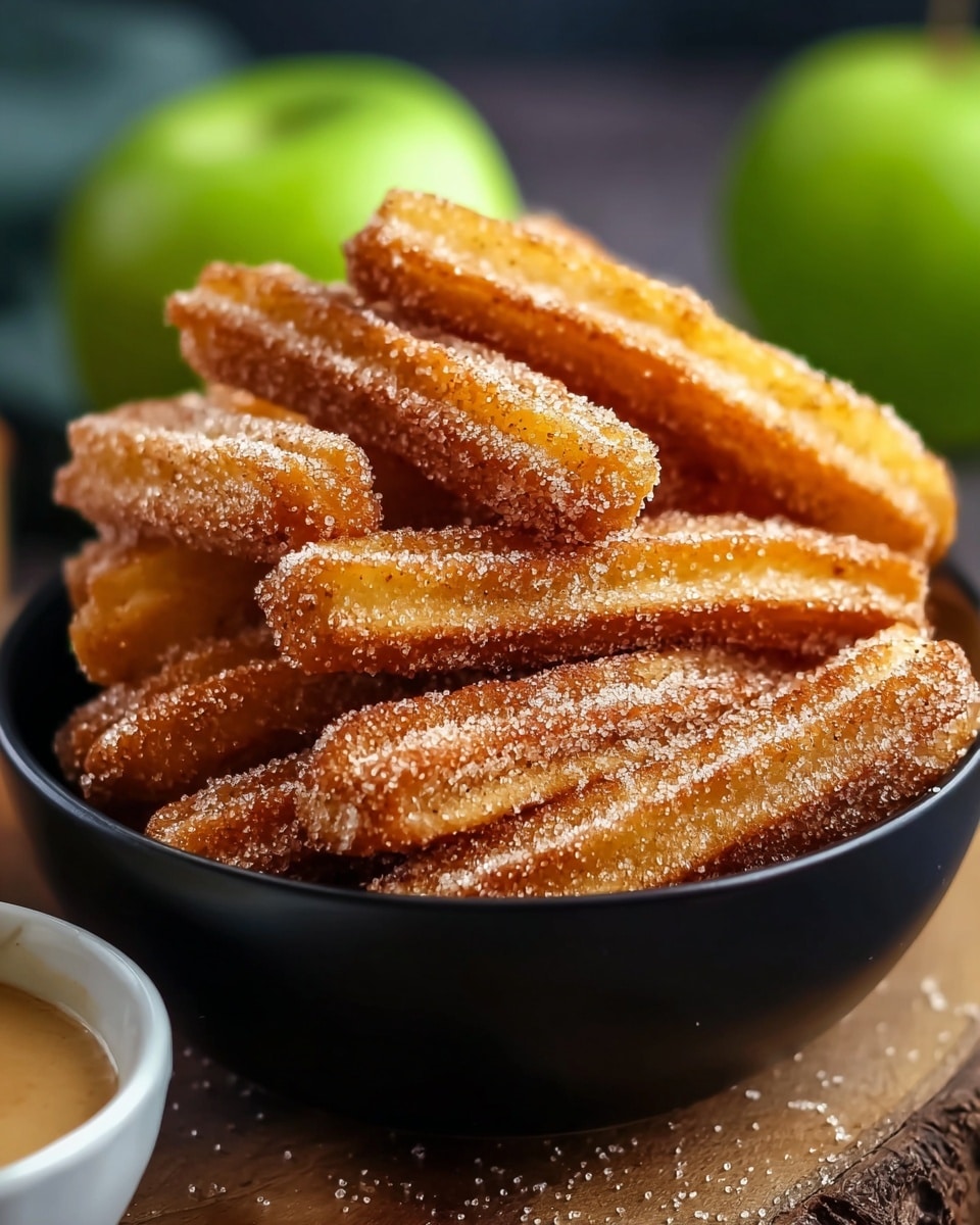 A close-up view of a black bowl filled with golden-brown churros coated in granulated sugar and cinnamon, stacked in several layers with some churros resting on top at different angles, giving a textured and crunchy look. The bowl sits on a rustic wooden surface, and in the blurred background, there are two green apples and a small white bowl with a light brown dipping sauce visible on the left side. The contrast of the warm churros and dark bowl against the soft greens makes the image pop. photo taken with an iphone --ar 4:5 --v 7