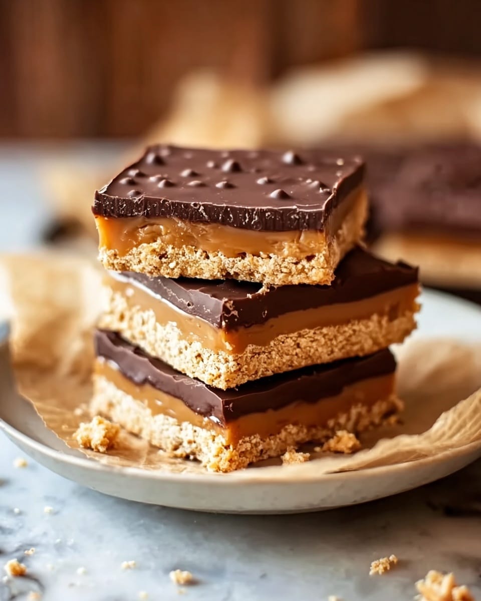 A stack of three square bars sits on a white plate, each bar having three layers: a crumbly beige bottom layer, a smooth caramel middle layer, and a glossy dark chocolate top layer with small bumps. The bars are placed on a piece of parchment paper, and there are some crumbs around the base. The background has a soft, warm blur, and the plate is set on a white marbled surface. Photo taken with an iphone --ar 4:5 --v 7