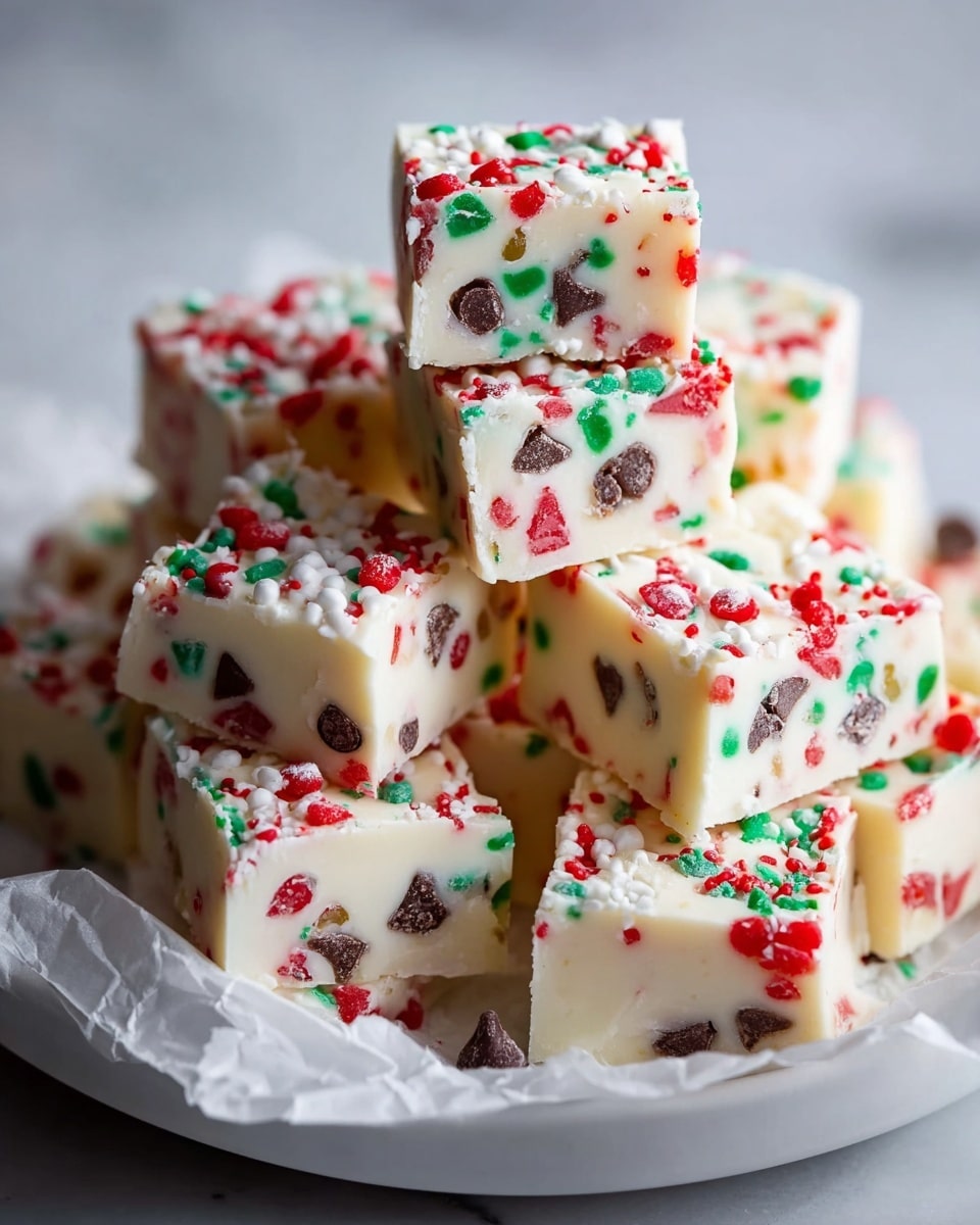 A white plate filled with multiple thick square pieces of white fudge stacked in a pile. Each piece has a smooth, creamy white base with colorful red, green, and white sprinkles mixed inside and on top. There are also small chocolate chips scattered through the fudge, adding dark brown spots. The fudge pieces have clean, sharp edges, and the plate rests on a crumpled white parchment paper. The background is a white marbled texture, which creates a soft and bright setting for the colorful treat. photo taken with an iphone --ar 4:5 --v 7