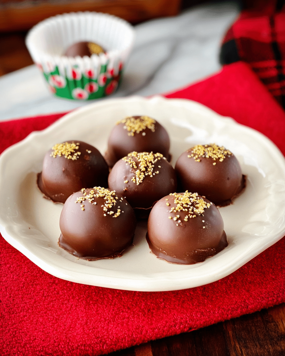 Seven round chocolate-covered balls sit neatly on a white plate with gentle curves, each topped with small golden sprinkles that add texture and shine. The chocolates have a smooth, glossy surface with a few slight imperfections hinting at their handmade quality. One chocolate rests in a white paper cup with green and red spots, adding a touch of festive color. The plate is placed on a bright red textured cloth on a dark wood surface, with a white marbled texture background softly blurred, creating a warm, inviting scene. Photo taken with an iphone --ar 4:5 --v 7
