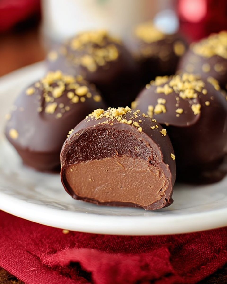 The image shows a close-up of round chocolate truffles on a white plate with a red cloth underneath. One truffle in front is cut in half, displaying two layers: a thick, smooth, dark brown chocolate center with a creamy texture and a shiny, slightly darker chocolate outer shell. The top of each truffle is sprinkled with small golden bits that add contrast and texture. The background is softly blurred, making the truffles the main focus, all placed on a white marbled surface. Photo taken with an iphone --ar 4:5 --v 7