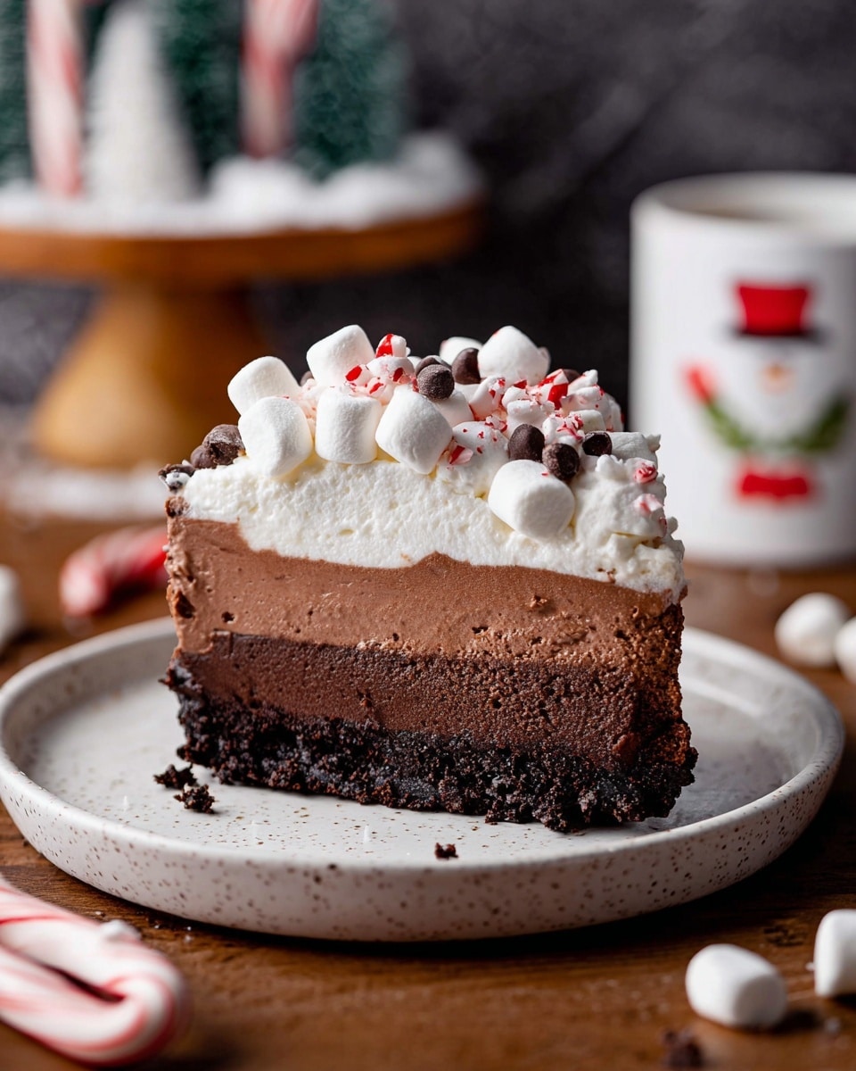 The image shows a slice of layered chocolate dessert on a white speckled plate. The bottom layer is a dark chocolate crumb crust. Above it, there are two thick layers of smooth, rich chocolate mousse, each with a slightly different texture, the lower one denser and the upper one lighter. The top layer is fluffy white whipped cream decorated with mini white marshmallows, small chocolate chips, and red and white crushed candy cane pieces. The background has a blurred small wooden stand with holiday decorations and a white mug with a snowman design on a white marbled surface, and there are some scattered mini marshmallows and a small candy cane near the plate. Photo taken with an iphone --ar 4:5 --v 7
