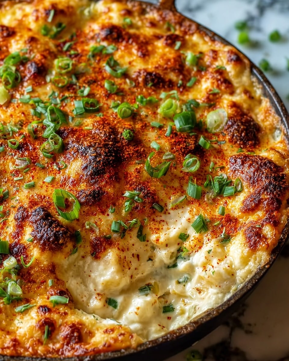 A close-up of a creamy baked dish in a black pan, showing a thick top layer of melted cheese that is golden brown with some charred spots and sprinkled with red seasoning. The cheese layer is bubbly and slightly crispy around the edges. Underneath, the creamy inside is visible, soft and textured with small bits of green herbs mixed in. The dish is topped with chopped green onions and fresh green herbs scattered evenly on top. The background has a white marbled texture. Photo taken with an iphone --ar 4:5 --v 7