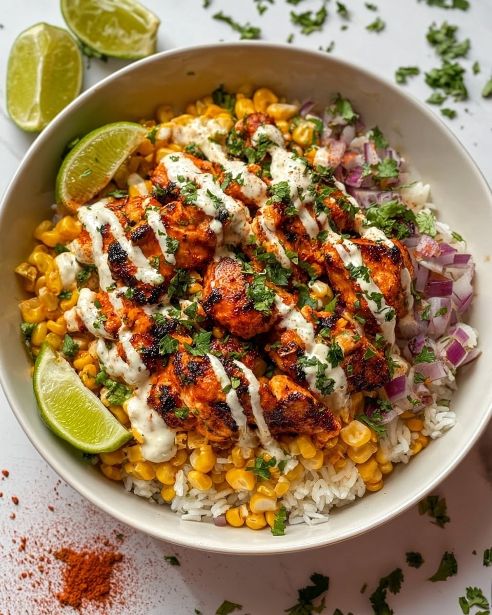 A white bowl filled with three main layers, starting from the bottom with fluffy white rice, followed by a generous layer of golden-yellow corn kernels mixed with finely chopped purple onions, topped with grilled, charred chicken pieces in a deep orange-red color, drizzled with creamy white sauce, and sprinkled with fresh green chopped herbs. Lime wedges with bright green skin and juicy interior are placed at the edges of the bowl, with additional herbs and reddish spice powder scattered around on a white marbled textured surface. Photo taken with an iphone --ar 4:5 --v 7