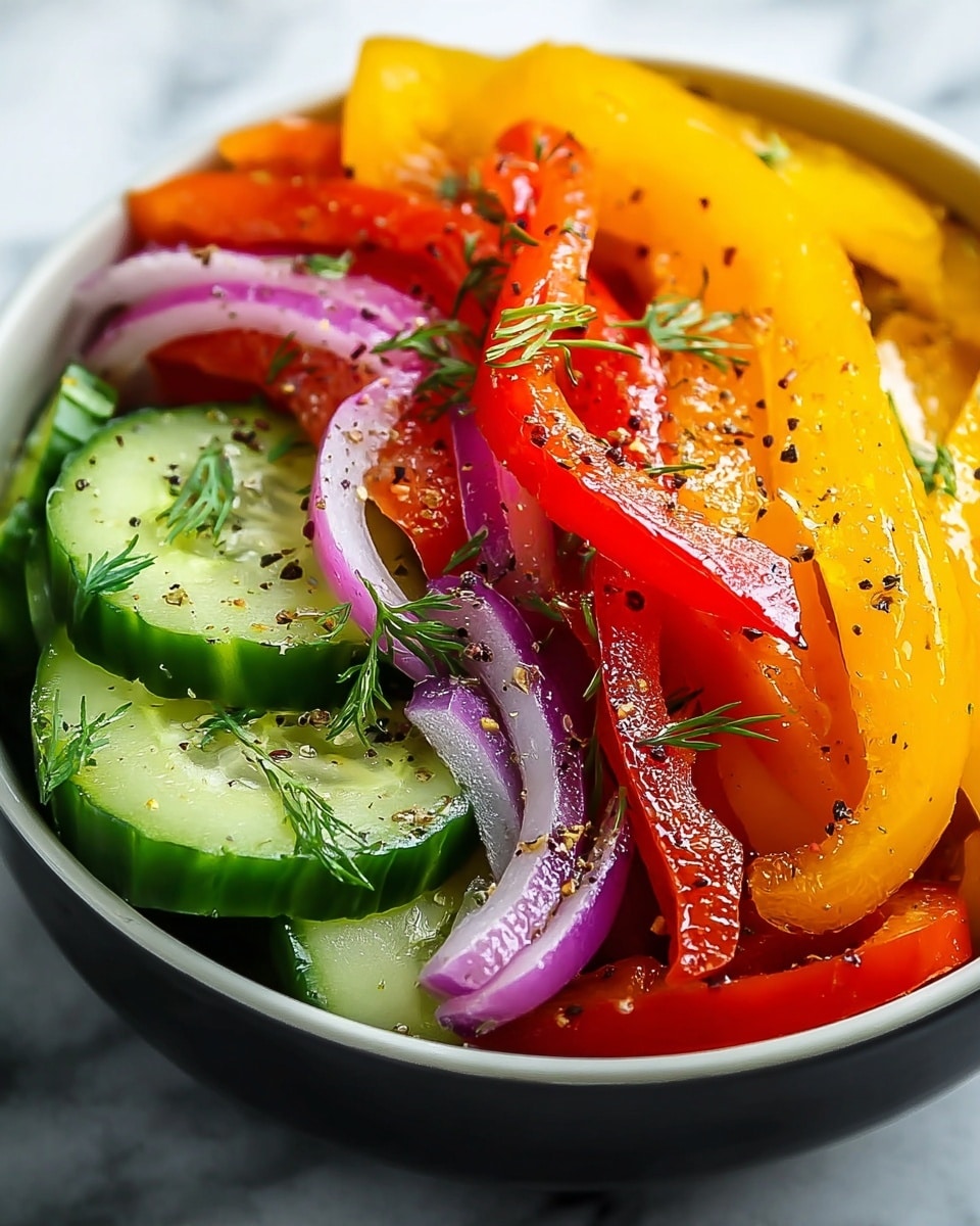 A close-up of a white bowl filled with a fresh vegetable salad arranged in layers: the bottom layer shows bright green cucumber slices with a smooth texture, topped with thin strips of purple onion which have a slightly shiny look. On top of the onions are vibrant red and orange bell pepper slices, glossy and curved, adding brightness. The right side of the bowl has yellow bell pepper strips, sprinkled with black pepper and small green dill leaves on top, all resting on a white marbled surface. Photo taken with an iphone --ar 4:5 --v 7