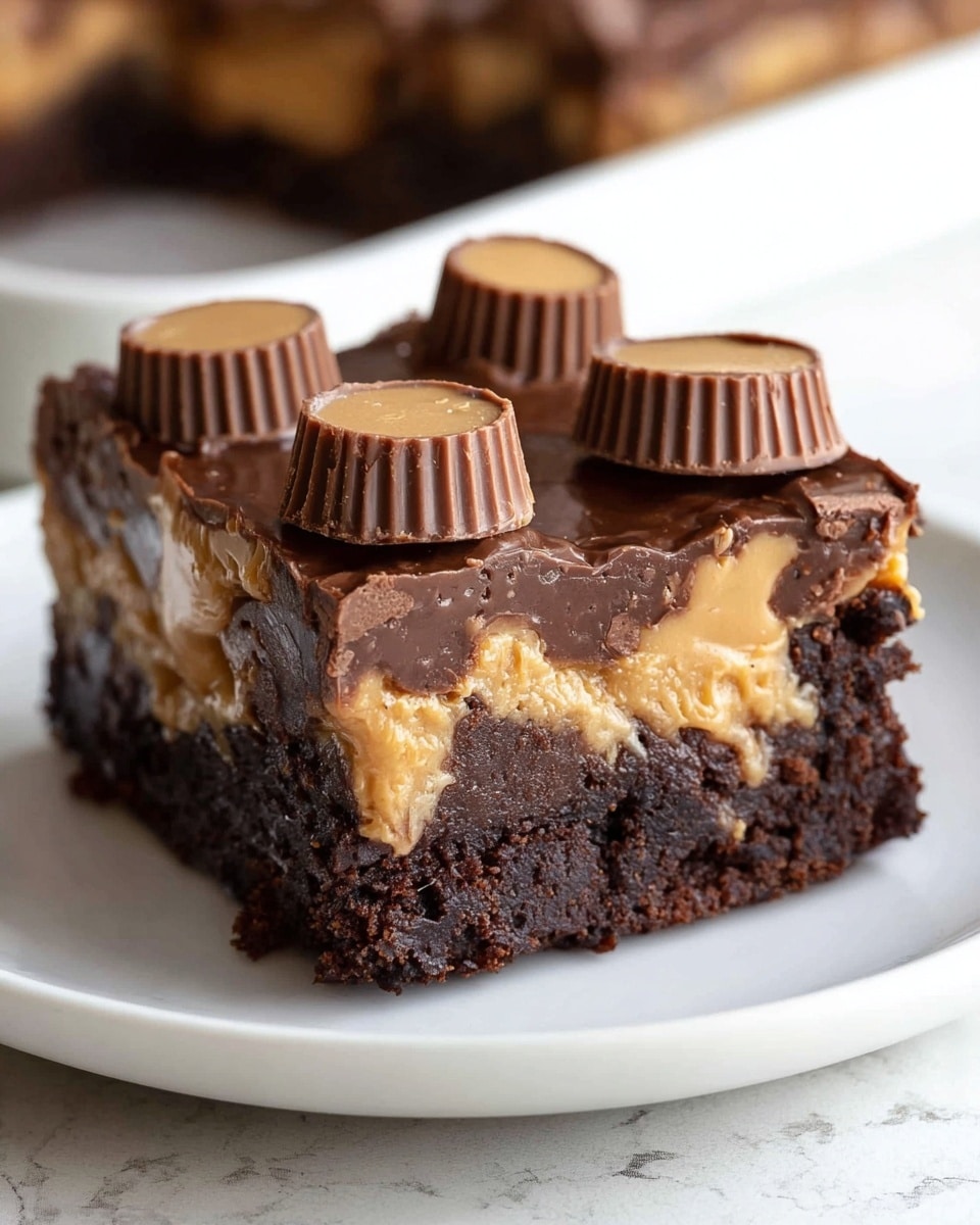A close-up of one square piece of dessert on a white plate with a white marbled textured background. The dessert has three visible layers: the bottom dense dark brown chocolate cake layer with a slightly crumbly texture, the middle creamy light brown peanut butter filling chunky with smooth parts, and the top thick layer of dark brown chocolate with a glossy, cracked surface. On the top surface, there are five halved peanut butter cup candies placed neatly, showing a smooth and shiny chocolate exterior with ridged sides and creamy light brown peanut butter inside. Photo taken with an iphone --ar 4:5 --v 7