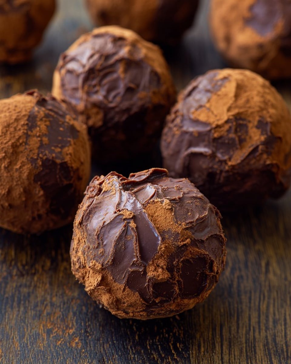 The image shows several round chocolate truffles with a rough, textured surface of dark brown chocolate. Each truffle appears to have a thick, uneven chocolate coating with small patches revealing a lighter brown inner layer. They are placed closely together on a dark wooden surface. The truffles have a handmade look with visible swirls and ridges on the chocolate coating, giving them a rich and rustic appearance. photo taken with an iphone --ar 4:5 --v 7