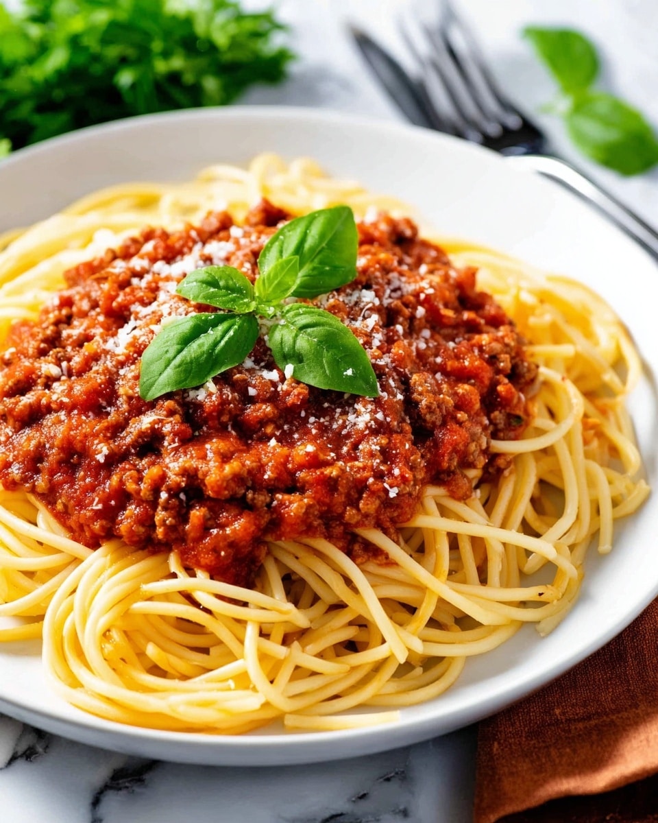 A white plate filled with a base layer of long, thin, pale yellow spaghetti noodles arranged in a loose pile. On top of the noodles is a thick layer of chunky, bright red tomato meat sauce, with visible bits of cooked ground meat and herbs. Scattered lightly over the sauce are small sprinkles of grated white cheese, adding a slight texture contrast. At the very top center, a fresh sprig of green basil leaves sits as a garnish, providing a vibrant pop of color. The background shows a white marbled surface with a blurred green herb bunch in the corner and a fork resting beside the plate. Photo taken with an iphone --ar 4:5 --v 7