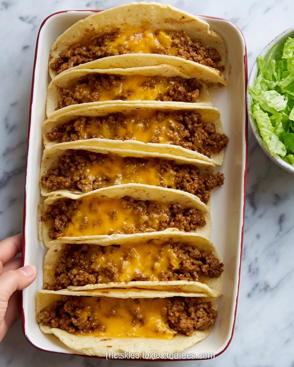 The image shows six soft tacos placed in a white rectangular baking dish. Each taco has a golden-yellow corn tortilla filled with browned ground meat, topped with melted orange cheese that covers most of the meat evenly. The tacos are arranged in two rows, side by side, filling the dish neatly. The surface below the dish is a white marbled texture, and a striped red and white cloth is partially visible on the left side. In the background, a small white bowl with fresh chopped green lettuce and a tiny white bowl with red sauce are partially visible. The overall look is warm and inviting. Photo taken with an iphone --ar 4:5 --v 7
